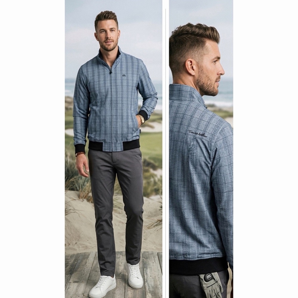 Travis Mathew Full Zip Jacket Mens L Large Blue Plaid Golf Windbreaker Stretch